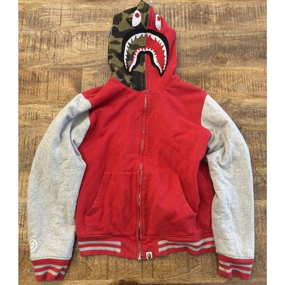 BAPE Shark Sweat Varsity Hoodie Jacket Red/Grey - Picture 1 of 15